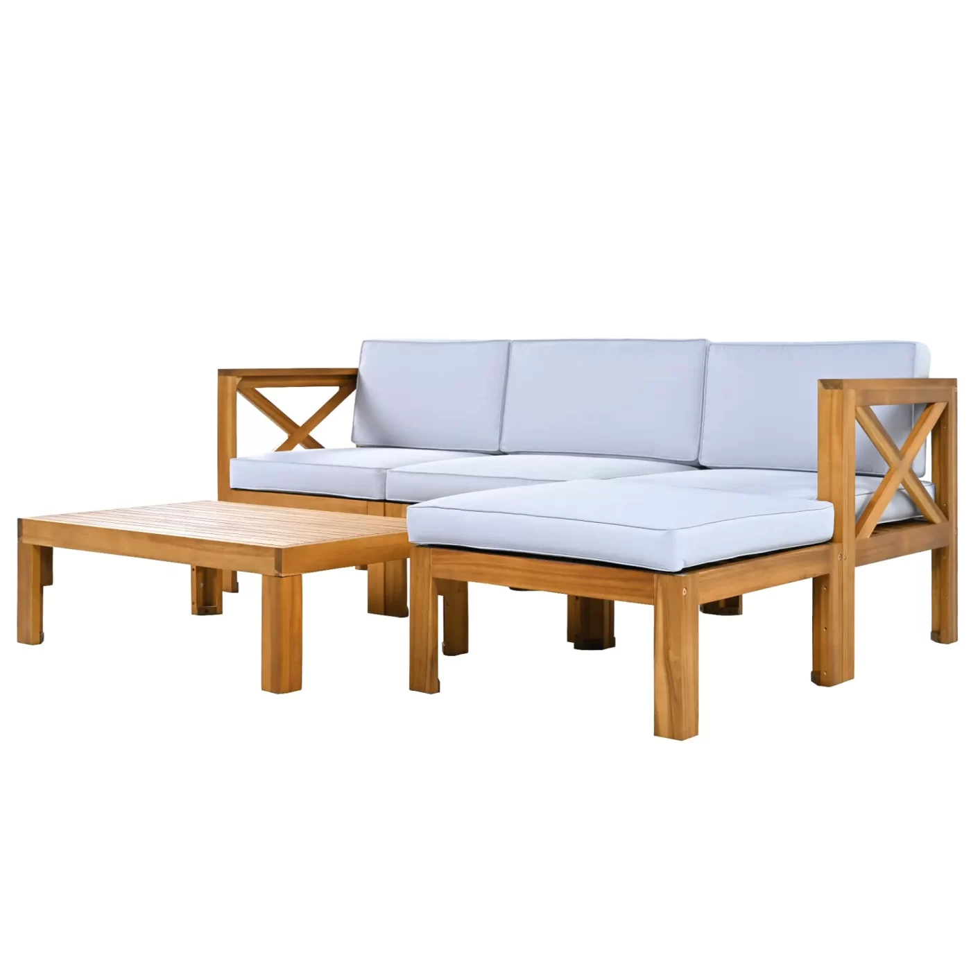 Outdoor Backyard Patio Wood 5-Piece Sectional Sofa Seating Group Set with Cushions, Natural Finish+ Gray Cushions