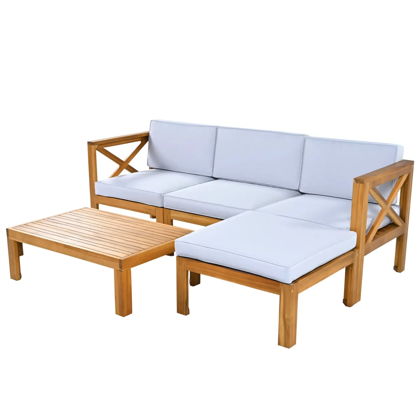 Outdoor Backyard Patio Wood 5-Piece Sectional Sofa Seating Group Set with Cushions, Natural Finish+ Gray Cushions