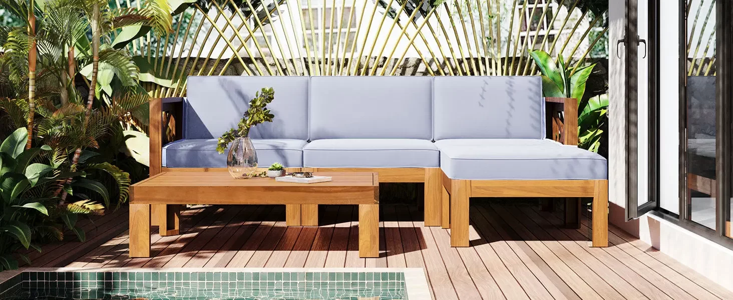 Outdoor Backyard Patio Wood 5-Piece Sectional Sofa Seating Group Set with Cushions, Natural Finish+ Gray Cushions