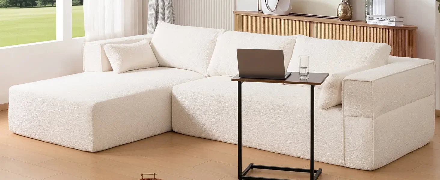 112'Modular Sectional Sofa with Free Side Table,Wide Seat,Fully Compressed,Wrinkle-resistant Boucle Fabric Couch with Chaise,Free Combination,L-Shaped Sofa for Living Room,No Assembly Required,3 Color