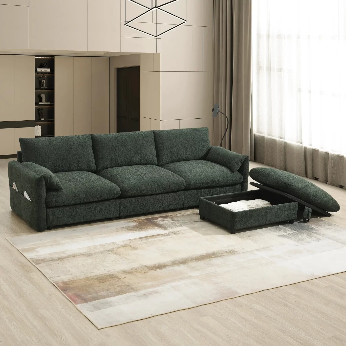 96.5'' Chenille Sectional Sofa with Storage Ottoman and Pockets,Adjustable Phone Holder,Wide Seat,4 Seat L Shaped Couch Set,Comfy Sofa with USB Charger for Living Room,Apartment,3 Colors