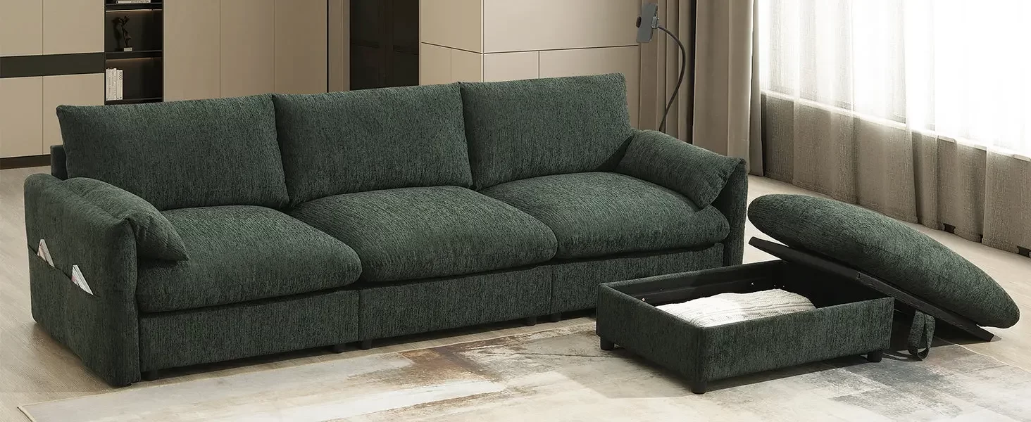 96.5'' Chenille Sectional Sofa with Storage Ottoman and Pockets,Adjustable Phone Holder,Wide Seat,4 Seat L Shaped Couch Set,Comfy Sofa with USB Charger for Living Room,Apartment,3 Colors
