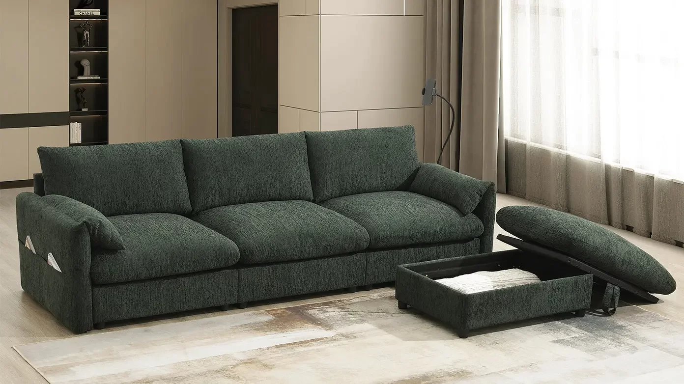 96.5'' Chenille Sectional Sofa with Storage Ottoman and Pockets,Adjustable Phone Holder,Wide Seat,4 Seat L Shaped Couch Set,Comfy Sofa with USB Charger for Living Room,Apartment,3 Colors