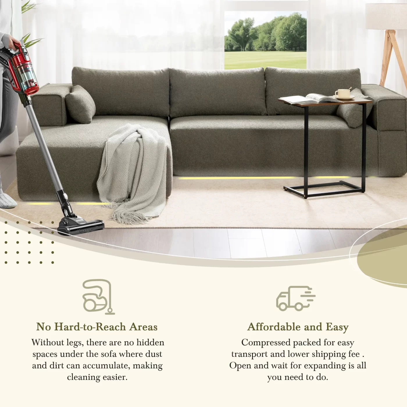 112'Modular Sectional Sofa with Free Side Table,Wide Seat,Fully Compressed,Wrinkle-resistant Boucle Fabric Couch with Chaise,Free Combination,L-Shaped Sofa for Living Room,No Assembly Required,3 Color