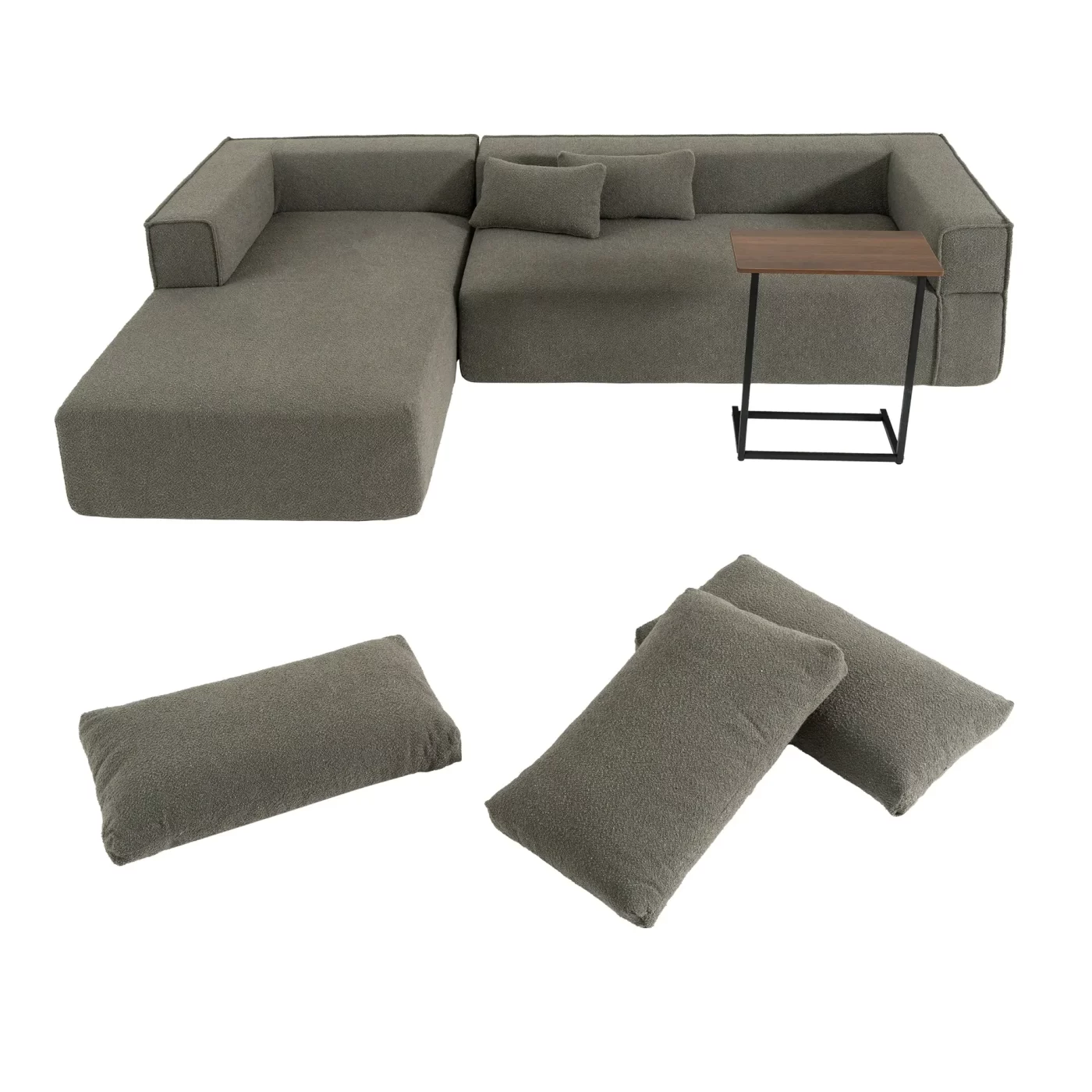 112'Modular Sectional Sofa with Free Side Table,Wide Seat,Fully Compressed,Wrinkle-resistant Boucle Fabric Couch with Chaise,Free Combination,L-Shaped Sofa for Living Room,No Assembly Required,3 Color