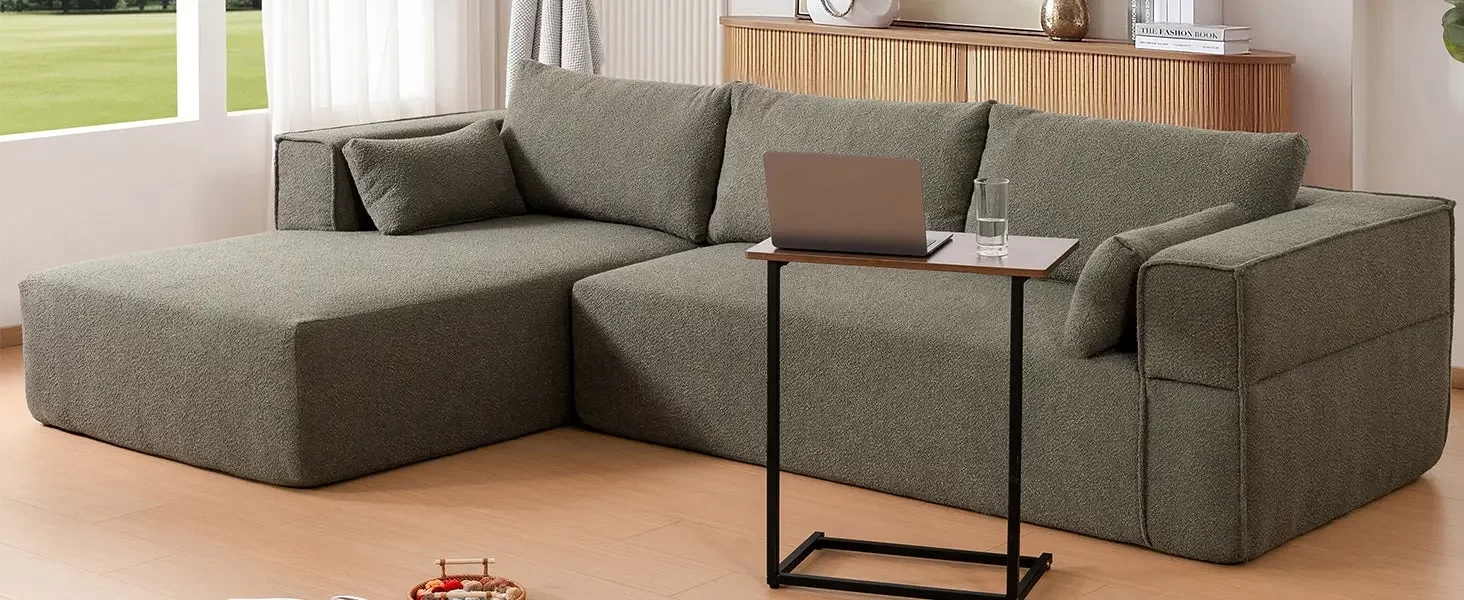 112'Modular Sectional Sofa with Free Side Table,Wide Seat,Fully Compressed,Wrinkle-resistant Boucle Fabric Couch with Chaise,Free Combination,L-Shaped Sofa for Living Room,No Assembly Required,3 Color