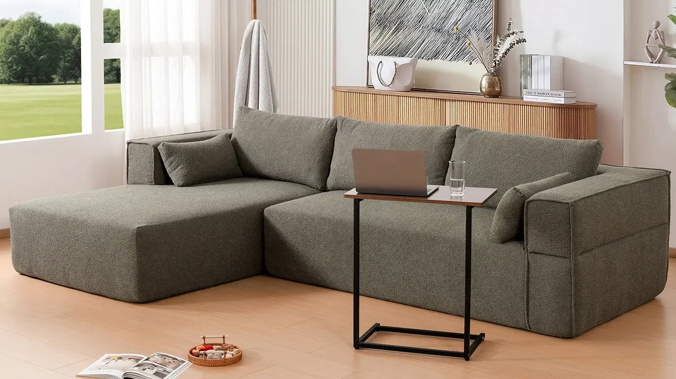 112'Modular Sectional Sofa with Free Side Table,Wide Seat,Fully Compressed,Wrinkle-resistant Boucle Fabric Couch with Chaise,Free Combination,L-Shaped Sofa for Living Room,No Assembly Required,3 Color