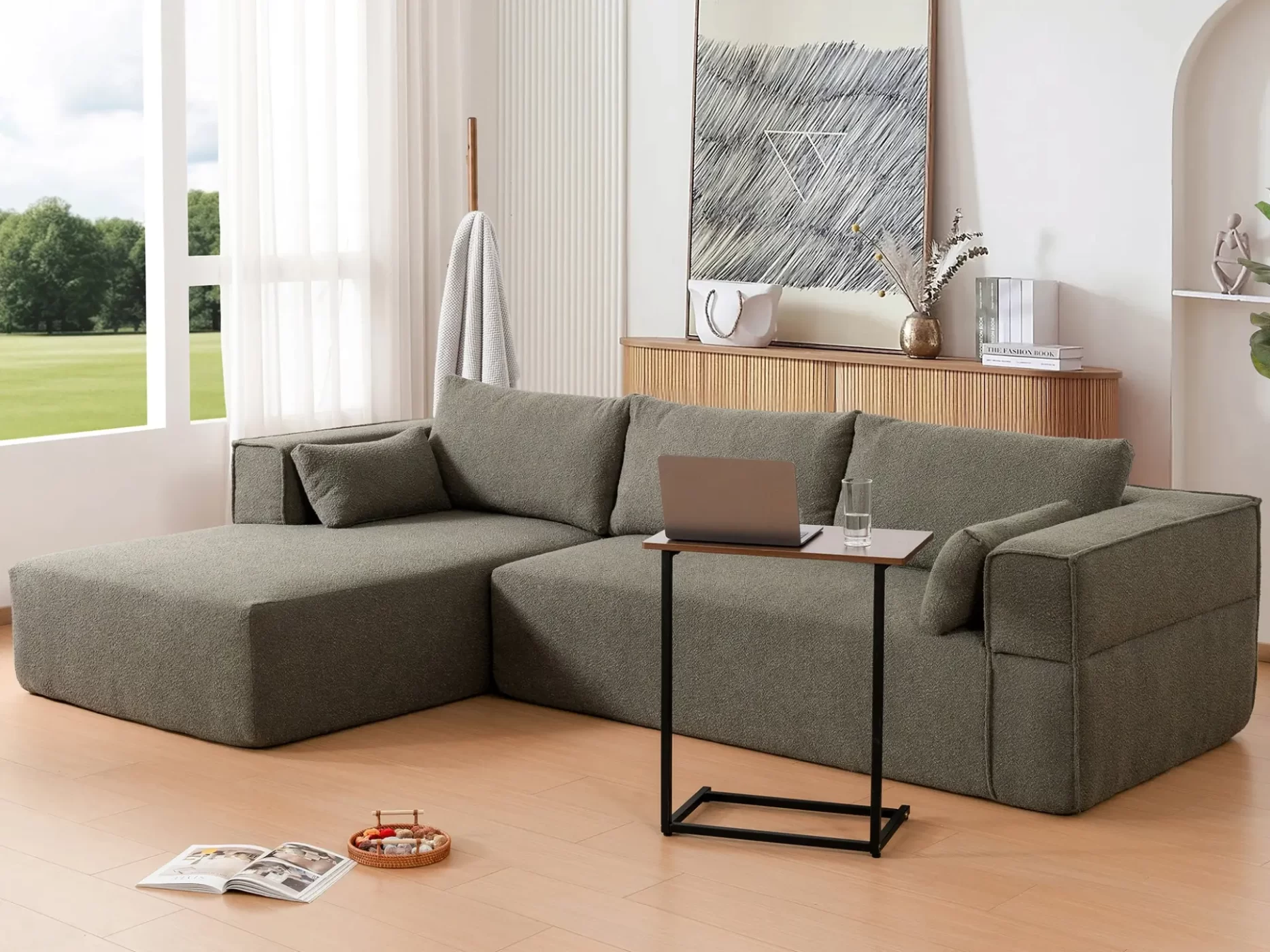 112'Modular Sectional Sofa with Free Side Table,Wide Seat,Fully Compressed,Wrinkle-resistant Boucle Fabric Couch with Chaise,Free Combination,L-Shaped Sofa for Living Room,No Assembly Required,3 Color