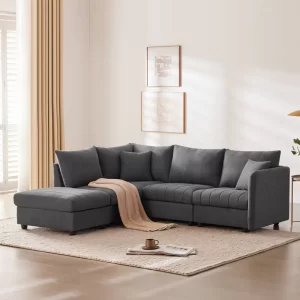 89*79' Modern Modular Sectional Sofa with Deep Seat,Vertical Stripes,5 Seat Corner Couch with Movable Ottoman,Throw Pillows,L-Shaped Comfy Cloud Indoor Furniture for Living Room,Apartment,3 Colors