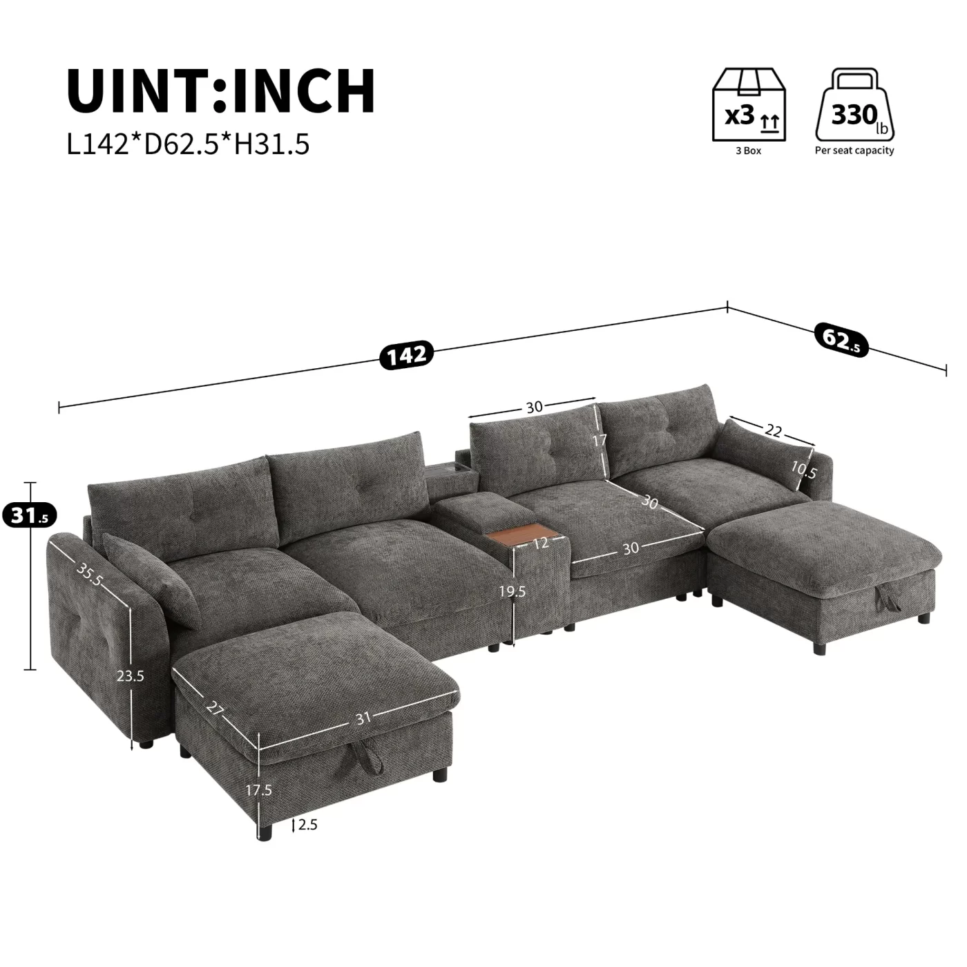 142'' Modular Sectional Sofa with Movable Storage Ottoman and Console,Cup Holder,Wide Seat,6 Seat U Shaped Couch,Oversized Chenille Sofa with USB Charger for Living Room,Apartment,2 Colors