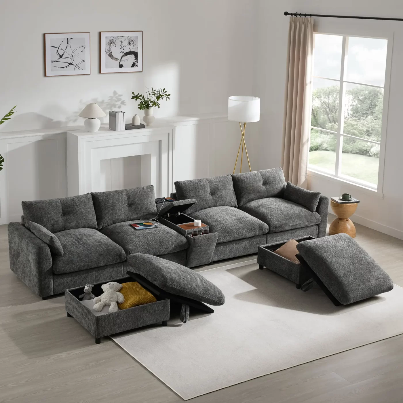 142'' Modular Sectional Sofa with Movable Storage Ottoman and Console,Cup Holder,Wide Seat,6 Seat U Shaped Couch,Oversized Chenille Sofa with USB Charger for Living Room,Apartment,2 Colors