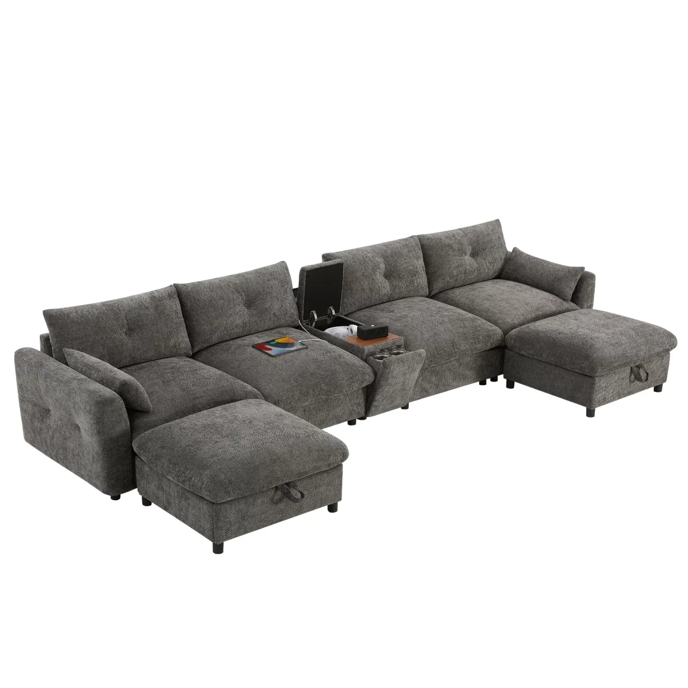 142'' Modular Sectional Sofa with Movable Storage Ottoman and Console,Cup Holder,Wide Seat,6 Seat U Shaped Couch,Oversized Chenille Sofa with USB Charger for Living Room,Apartment,2 Colors