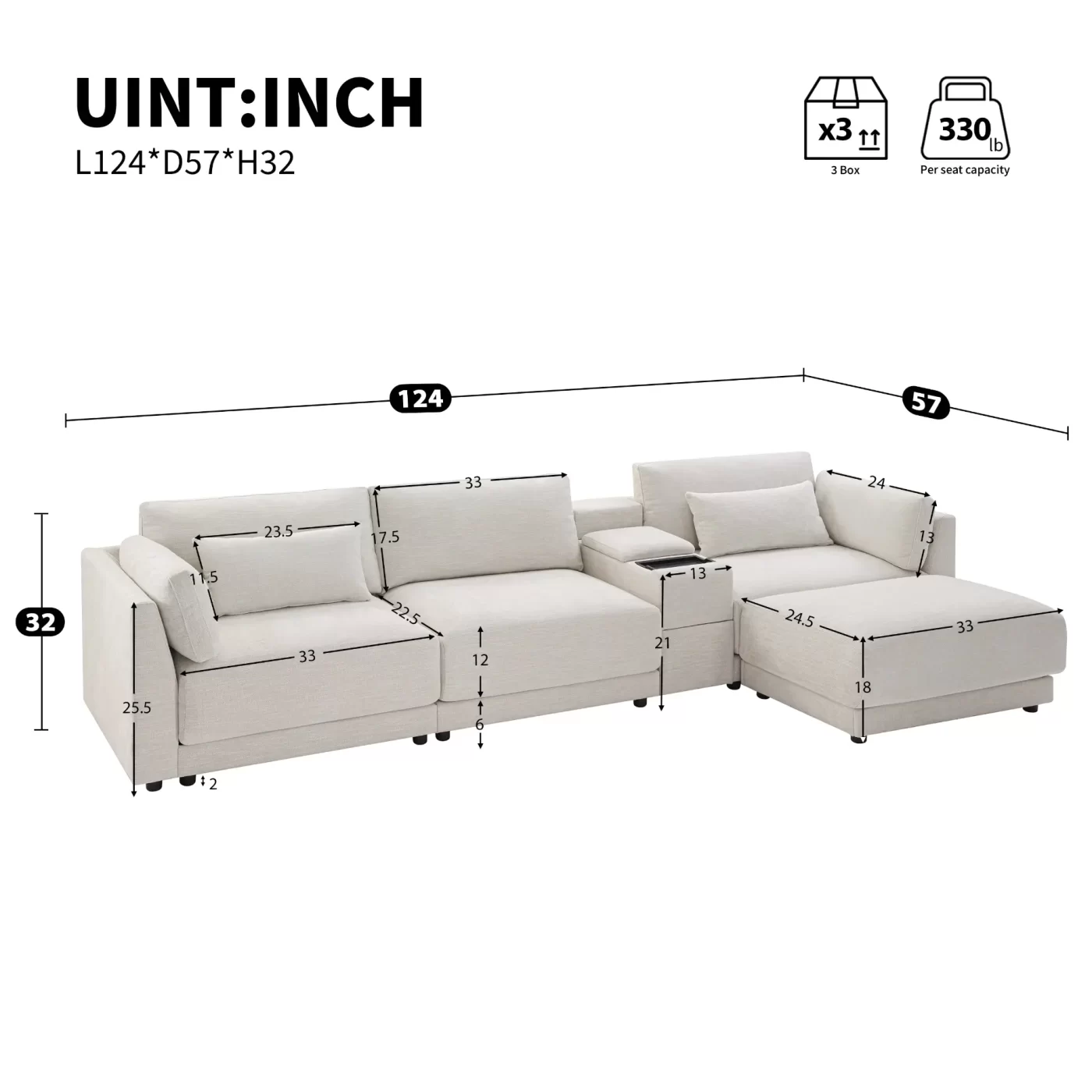 124'' Modular Sectional Sofa with Storage Console and Movable Ottoman,33'' Wide Seat,4 Seat L Shaped Chenille Couch,Reversible Comfy Sofa with USB Charger for Living Room,Apartment,2 Colors