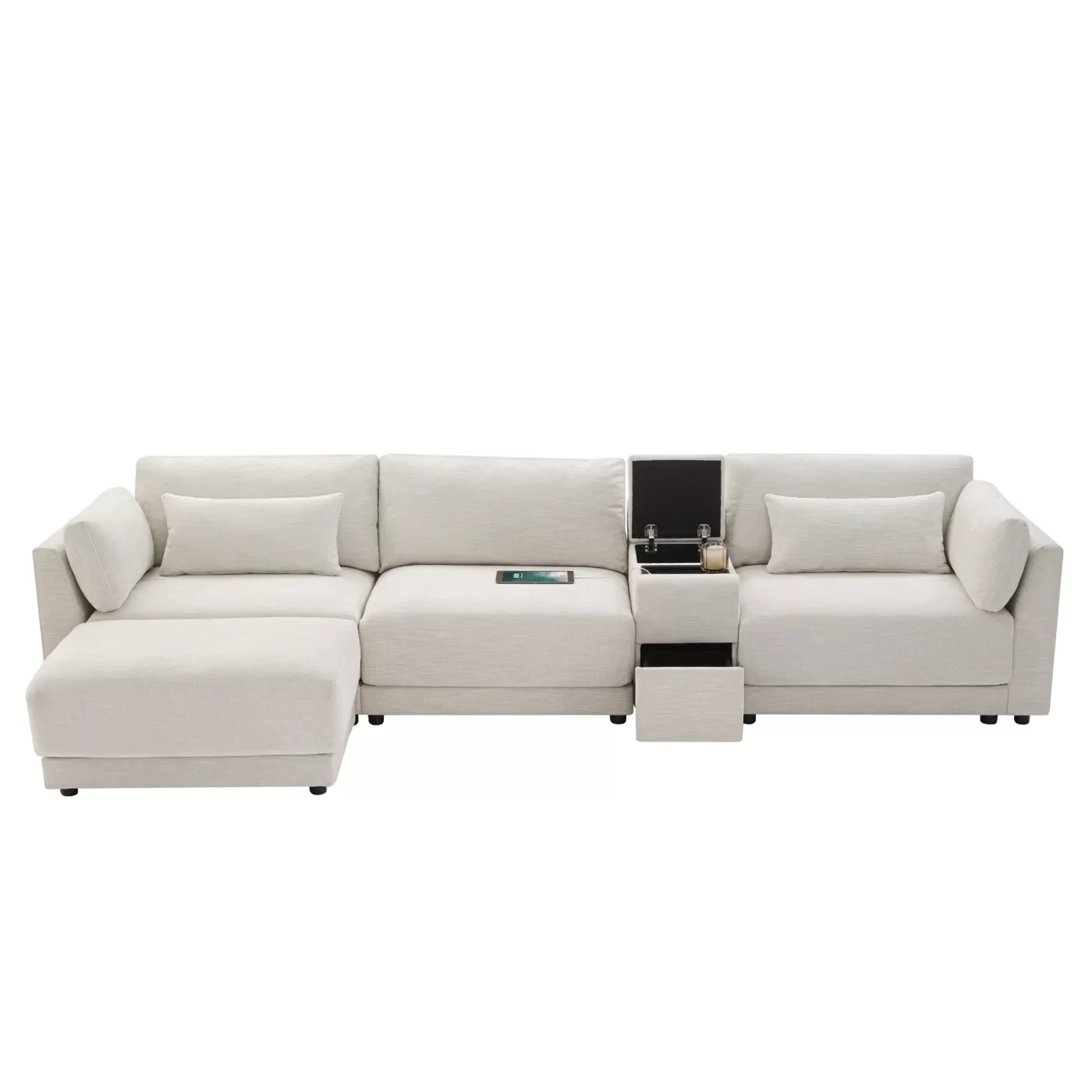 124'' Modular Sectional Sofa with Storage Console and Movable Ottoman,33'' Wide Seat,4 Seat L Shaped Chenille Couch,Reversible Comfy Sofa with USB Charger for Living Room,Apartment,2 Colors