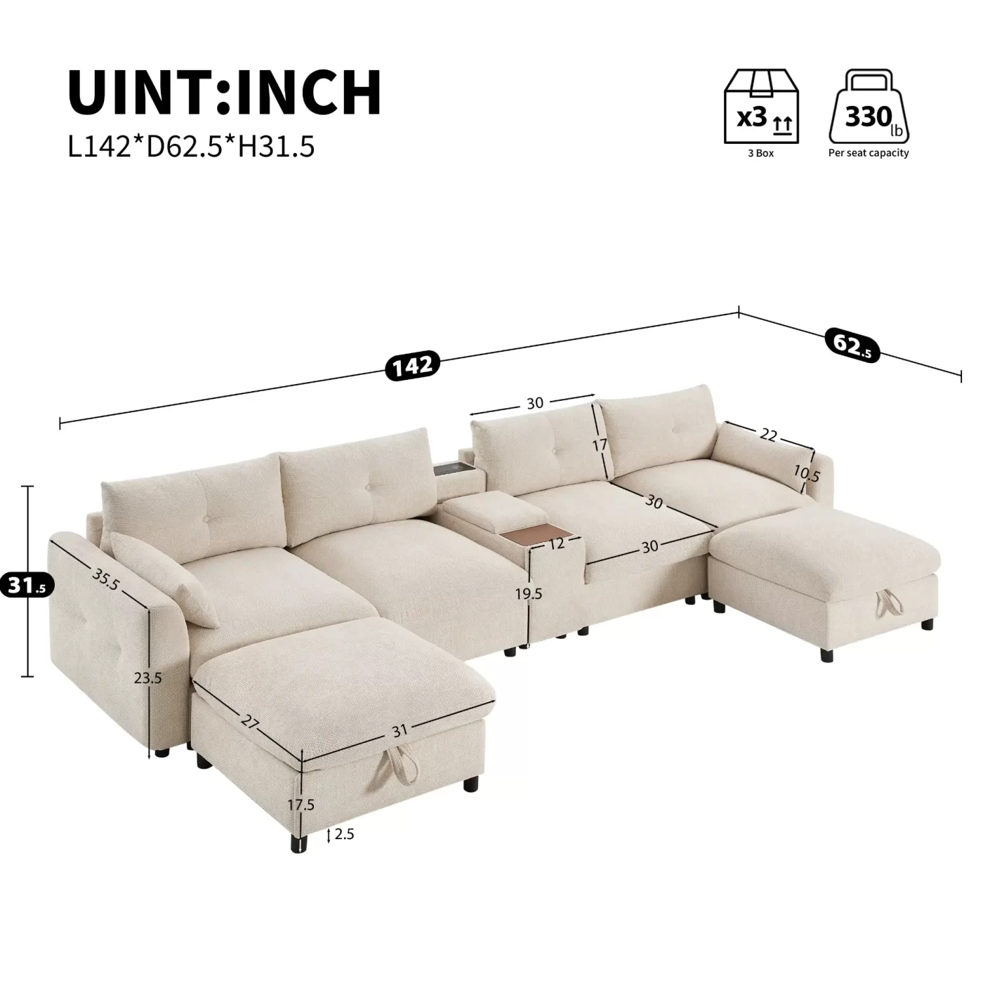 142'' Modular Sectional Sofa with Movable Storage Ottoman and Console,Cup Holder,Wide Seat,6 Seat U Shaped Couch,Oversized Chenille Sofa with USB Charger for Living Room,Apartment,2 Colors