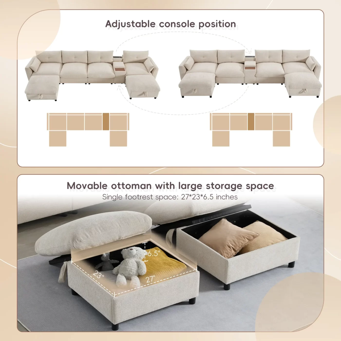 142'' Modular Sectional Sofa with Movable Storage Ottoman and Console,Cup Holder,Wide Seat,6 Seat U Shaped Couch,Oversized Chenille Sofa with USB Charger for Living Room,Apartment,2 Colors