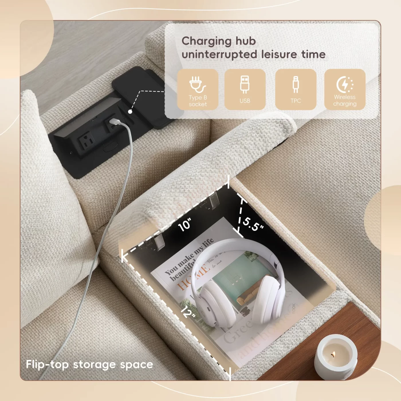 142'' Modular Sectional Sofa with Movable Storage Ottoman and Console,Cup Holder,Wide Seat,6 Seat U Shaped Couch,Oversized Chenille Sofa with USB Charger for Living Room,Apartment,2 Colors