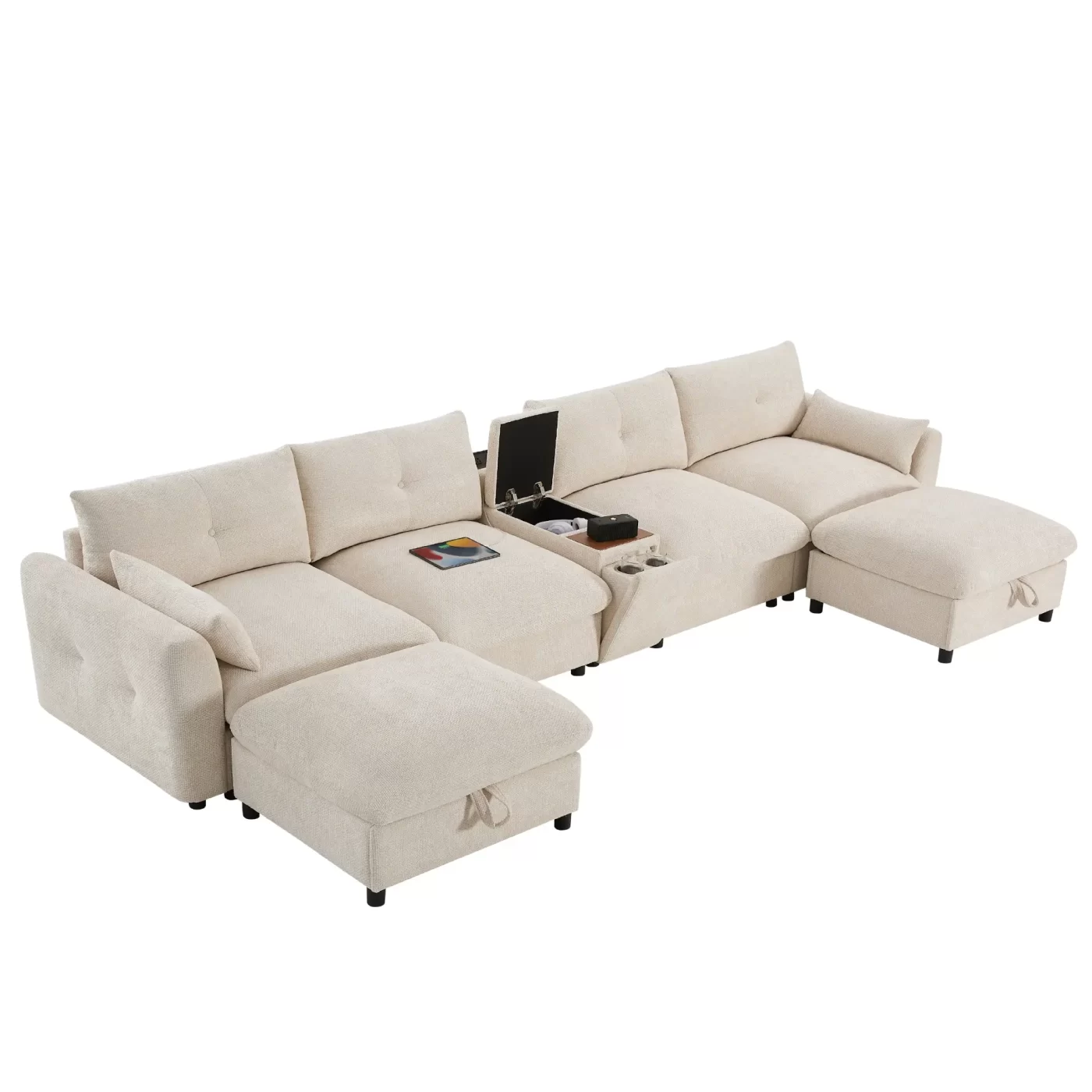 142'' Modular Sectional Sofa with Movable Storage Ottoman and Console,Cup Holder,Wide Seat,6 Seat U Shaped Couch,Oversized Chenille Sofa with USB Charger for Living Room,Apartment,2 Colors
