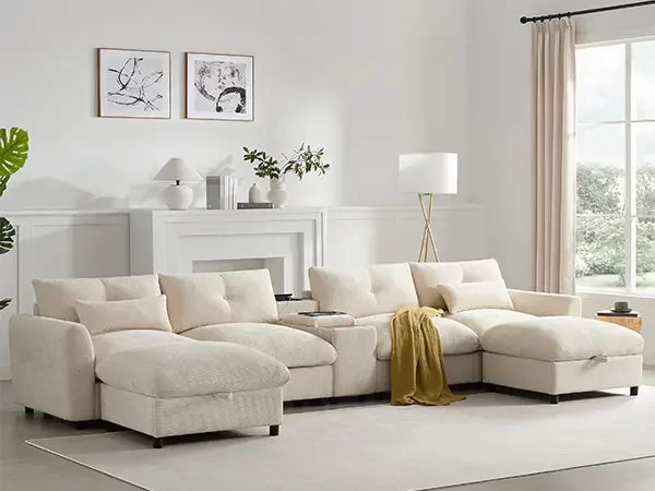 142'' Modular Sectional Sofa with Movable Storage Ottoman and Console,Cup Holder,Wide Seat,6 Seat U Shaped Couch,Oversized Chenille Sofa with USB Charger for Living Room,Apartment,2 Colors