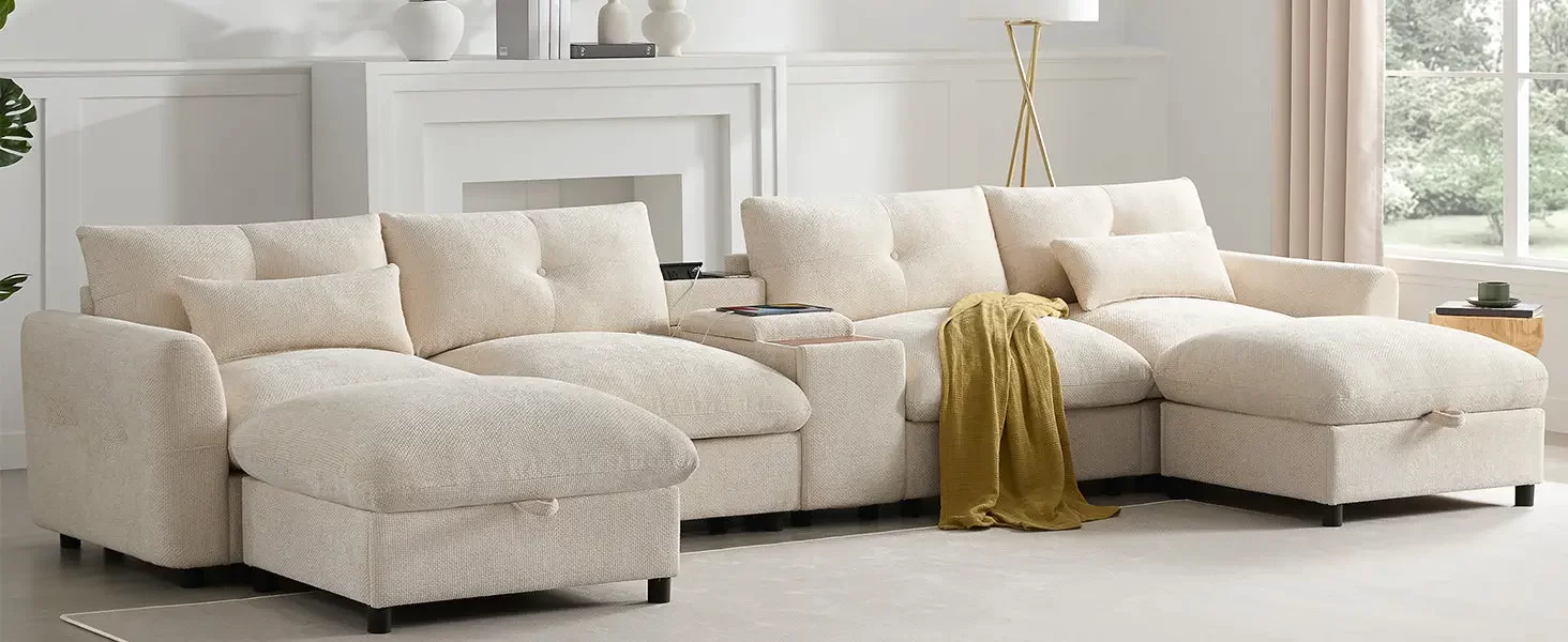 142'' Modular Sectional Sofa with Movable Storage Ottoman and Console,Cup Holder,Wide Seat,6 Seat U Shaped Couch,Oversized Chenille Sofa with USB Charger for Living Room,Apartment,2 Colors