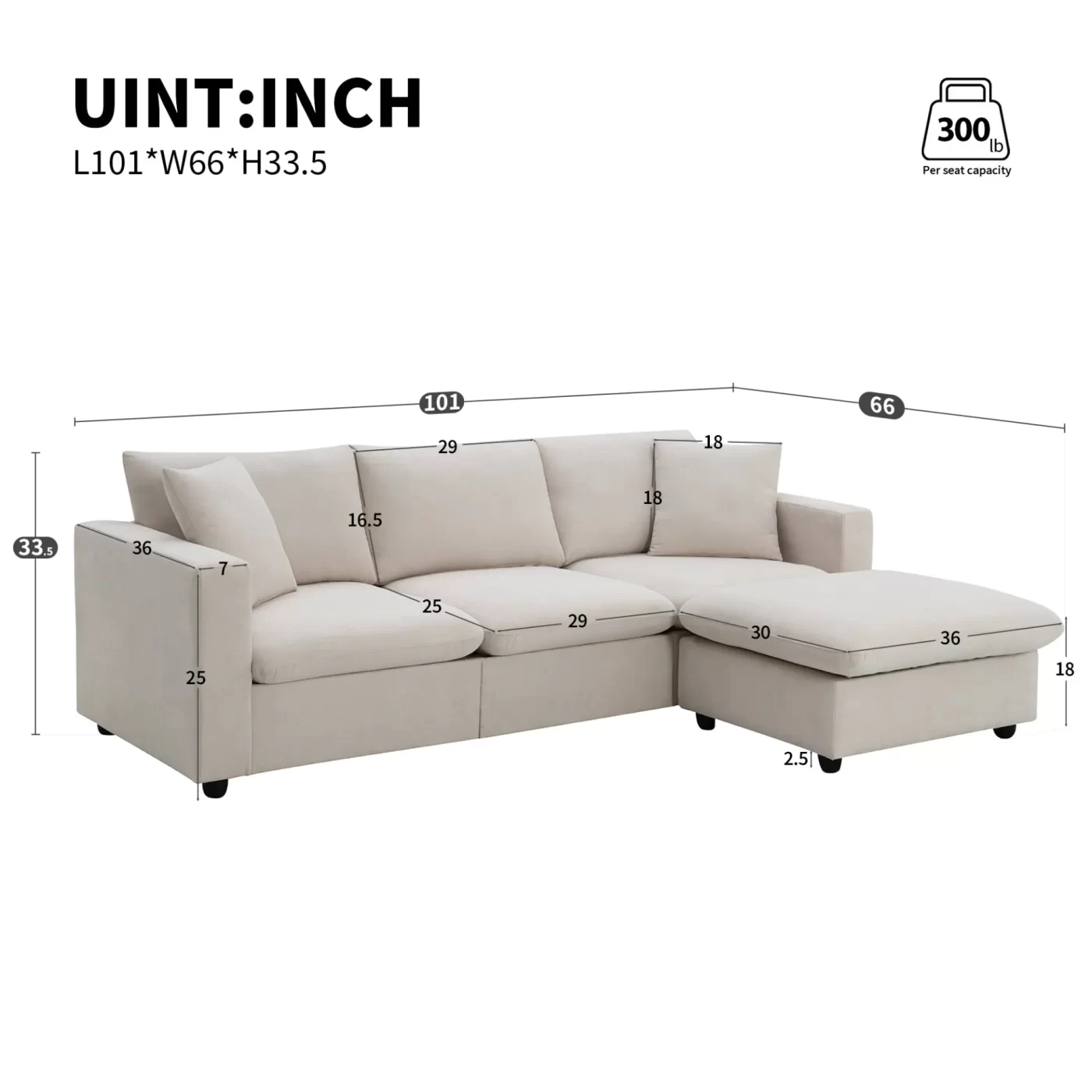 101*66' Modern Sectional Sofa with Throw Pillows,Cloud L-shaped Couch Set with Wide Seat,4 seat Polyester Comfy Fabric Couch Set with Movable Ottoman for Living Room, Apartment, Office,4 Colors