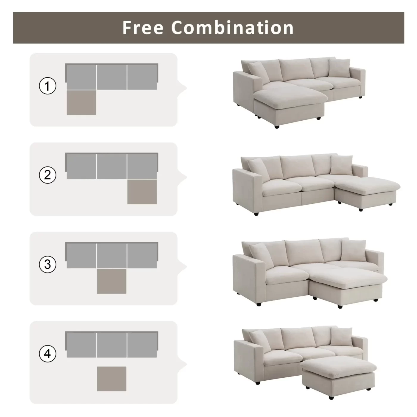 101*66' Modern Sectional Sofa with Throw Pillows,Cloud L-shaped Couch Set with Wide Seat,4 seat Polyester Comfy Fabric Couch Set with Movable Ottoman for Living Room, Apartment, Office,4 Colors