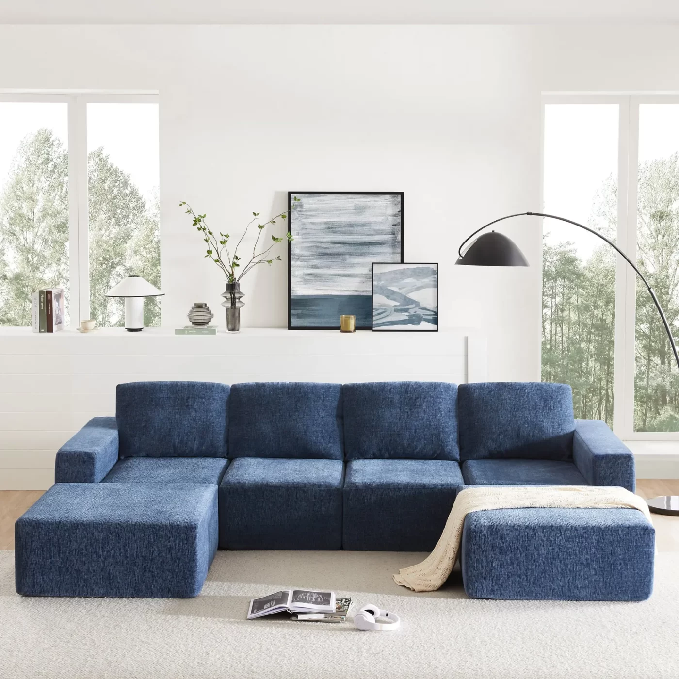 110*72' Modular U Shaped Sectional Sofa with Ottomans,Luxury Cloud Chenille Floor Couch with Deep Seat,No Assembly Required,Fully Compressed Upholstered Sofa for Living Room,Bedroom,3 Colors