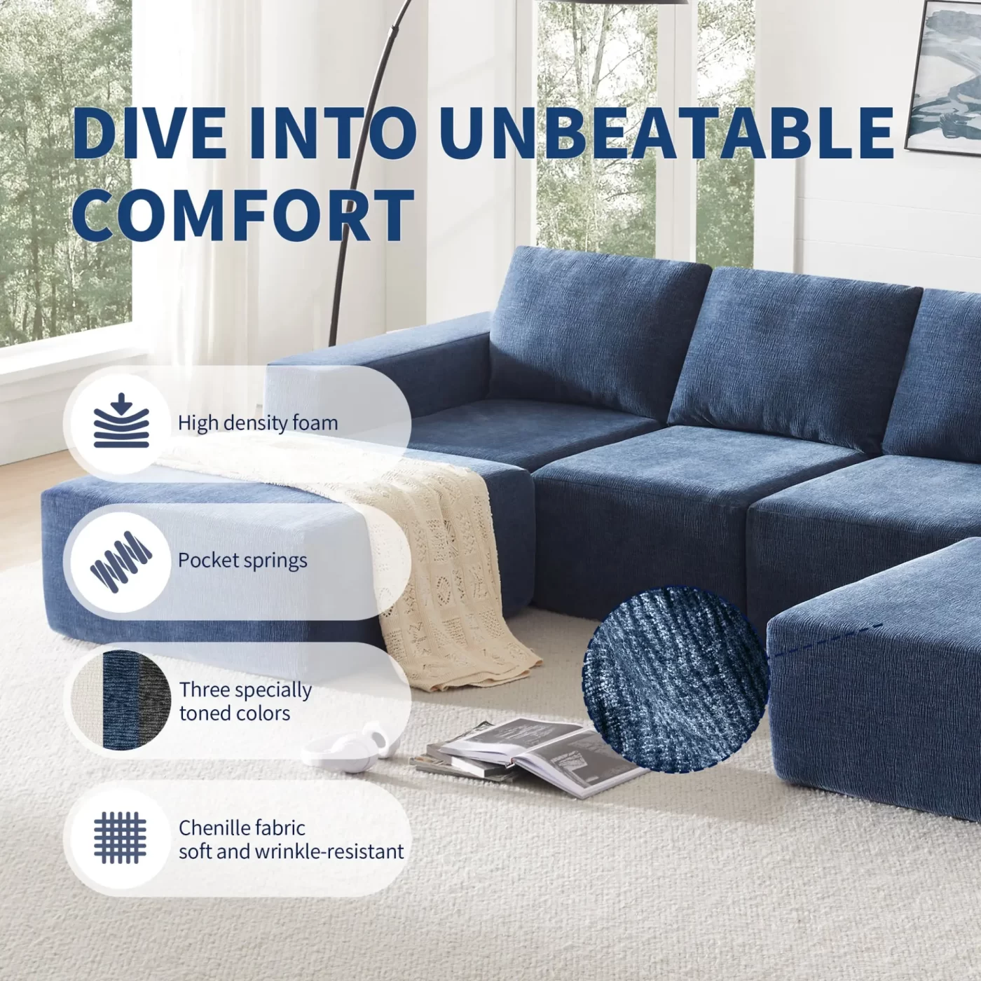 110*72' Modular U Shaped Sectional Sofa with Ottomans,Luxury Cloud Chenille Floor Couch with Deep Seat,No Assembly Required,Fully Compressed Upholstered Sofa for Living Room,Bedroom,3 Colors