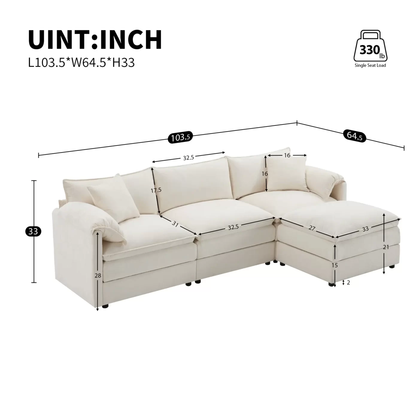 103.5' Chenille Modular Sectional Sofa with Deep and Wide Seat,L Shaped Cloud Couch Set with Double Cushions,4 Seat Sofa with Movable Ottoman,Oversized Indoor Furniture for Living Room,3 Colors