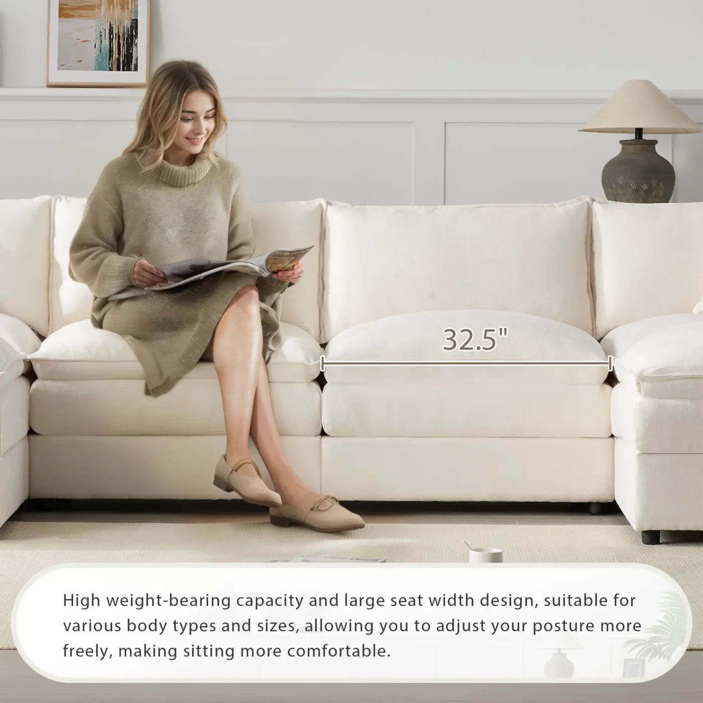 136' Chenille Modular Sectional Sofa with Deep and Wide Seat,U Shaped Cloud Couch Set with Double Cushions,6 Seat Sofa with Movable Ottomans,Oversized Indoor Furniture for Living Room,3 Colors