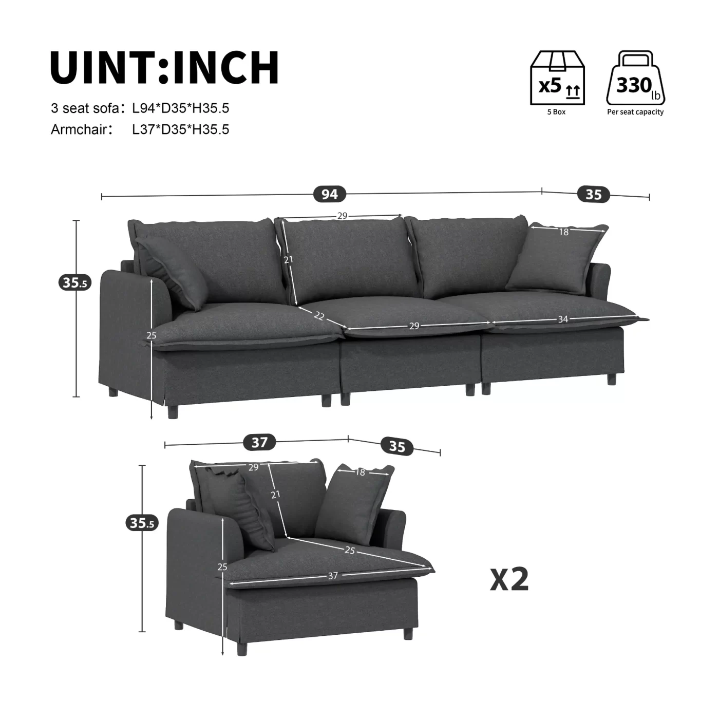3 Piece Living Room Sofa Set,Modular Chenille Sectional Couch,Upholstered 3 Seater Sofa & 2 Armchairs,5 Seat Indoor Furniture Sets for Office,Bedroom,Apartment,2 Colors