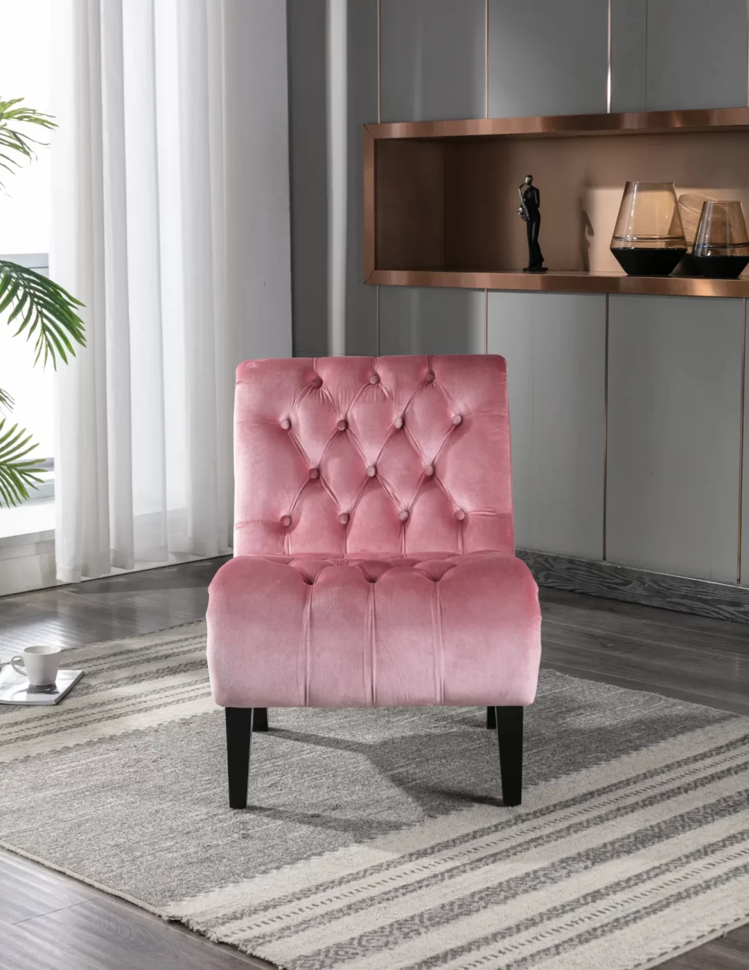 Modern Velvet Armless Accent Living Room Chair / Leisure Chair,Upholstered Fabric Button Comfortable Chair with Wooden Legs for Bedroom, Living Room, Office (Pink Velvet)