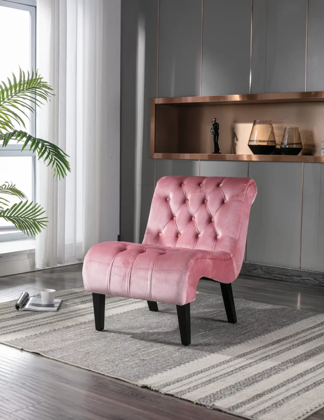 Modern Velvet Armless Accent Living Room Chair / Leisure Chair,Upholstered Fabric Button Comfortable Chair with Wooden Legs for Bedroom, Living Room, Office (Pink Velvet)