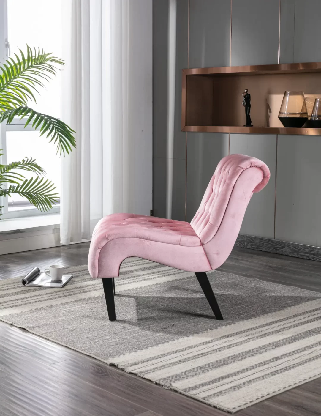 Modern Velvet Armless Accent Living Room Chair / Leisure Chair,Upholstered Fabric Button Comfortable Chair with Wooden Legs for Bedroom, Living Room, Office (Pink Velvet)