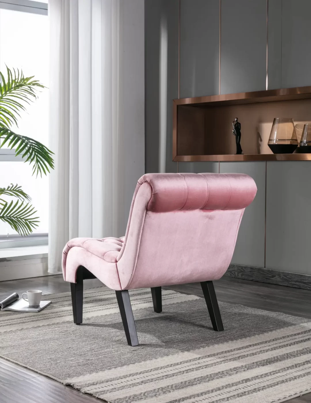 Modern Velvet Armless Accent Living Room Chair / Leisure Chair,Upholstered Fabric Button Comfortable Chair with Wooden Legs for Bedroom, Living Room, Office (Pink Velvet)