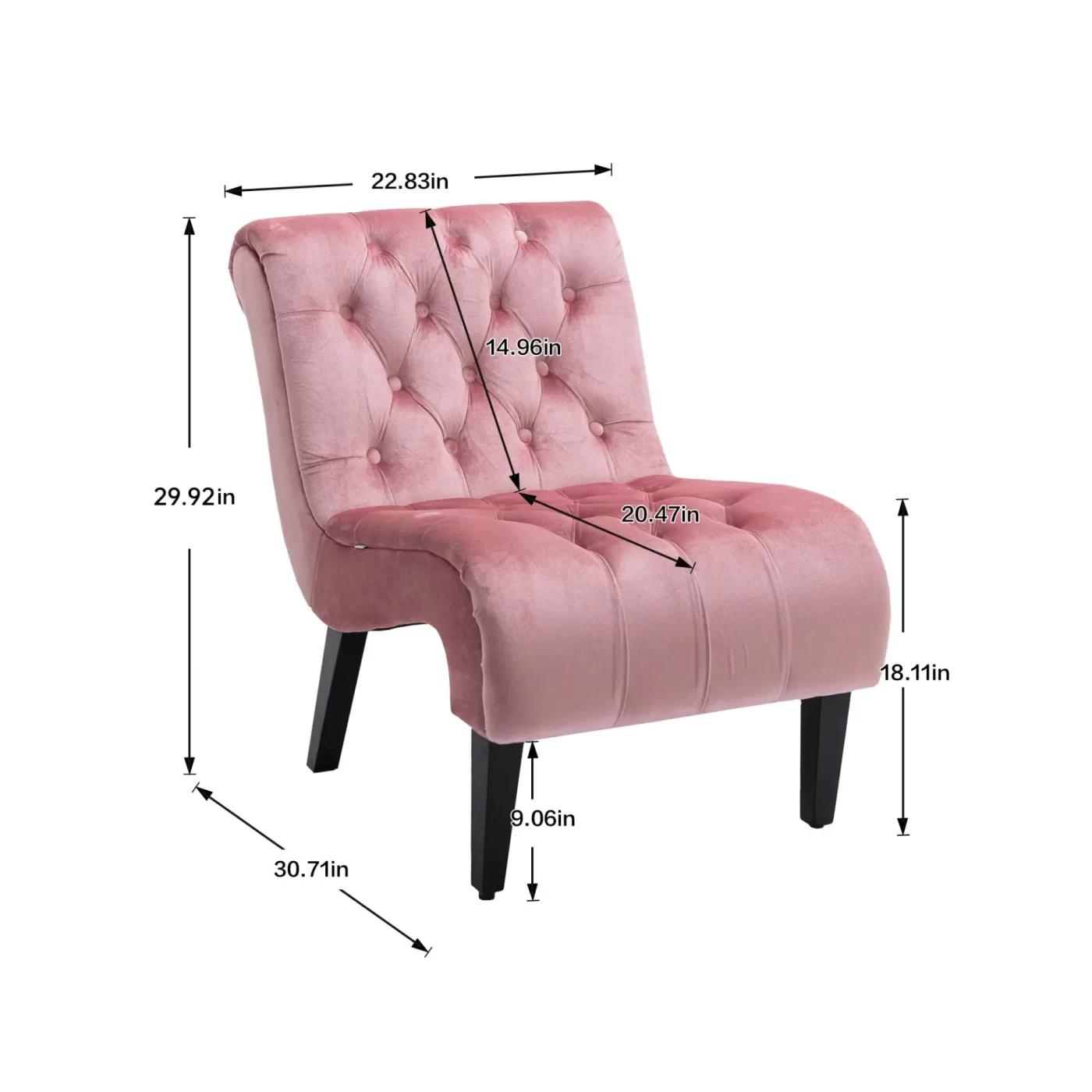Modern Velvet Armless Accent Living Room Chair / Leisure Chair,Upholstered Fabric Button Comfortable Chair with Wooden Legs for Bedroom, Living Room, Office (Pink Velvet)
