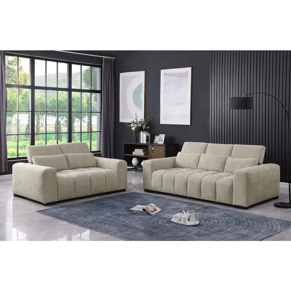 2Pc Sofa & Loveseat Set In Beige With Adjustable Backrest