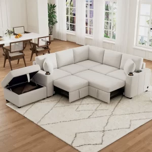 84.7' Sectional Sofa Convertible Pull-out Sofa Bed L-shaped Sofa U-shaped Sofa with a Movable Storage Ottoman for Living Room, Beige
