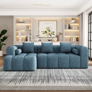 101.2' Sectional Sofa Full-Compressed Sofa Modular Sofa Couch Free-combined Sofa with Deep Seating and Two Side Pockets for Living Room, Blue
