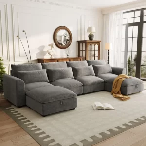 U-shaped Freely Transformable Modular Corner Sofa with Two Ottomans, Suitable for Living Rooms, Studies, Home Theaters, and More.