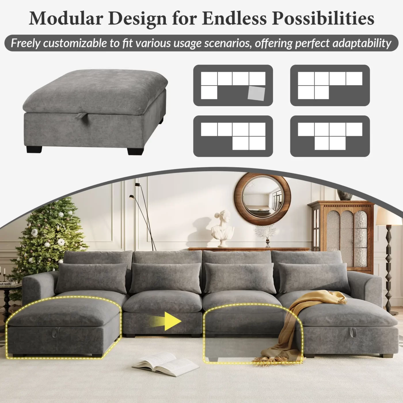 U-shaped Freely Transformable Modular Corner Sofa with Two Ottomans, Suitable for Living Rooms, Studies, Home Theaters, and More.