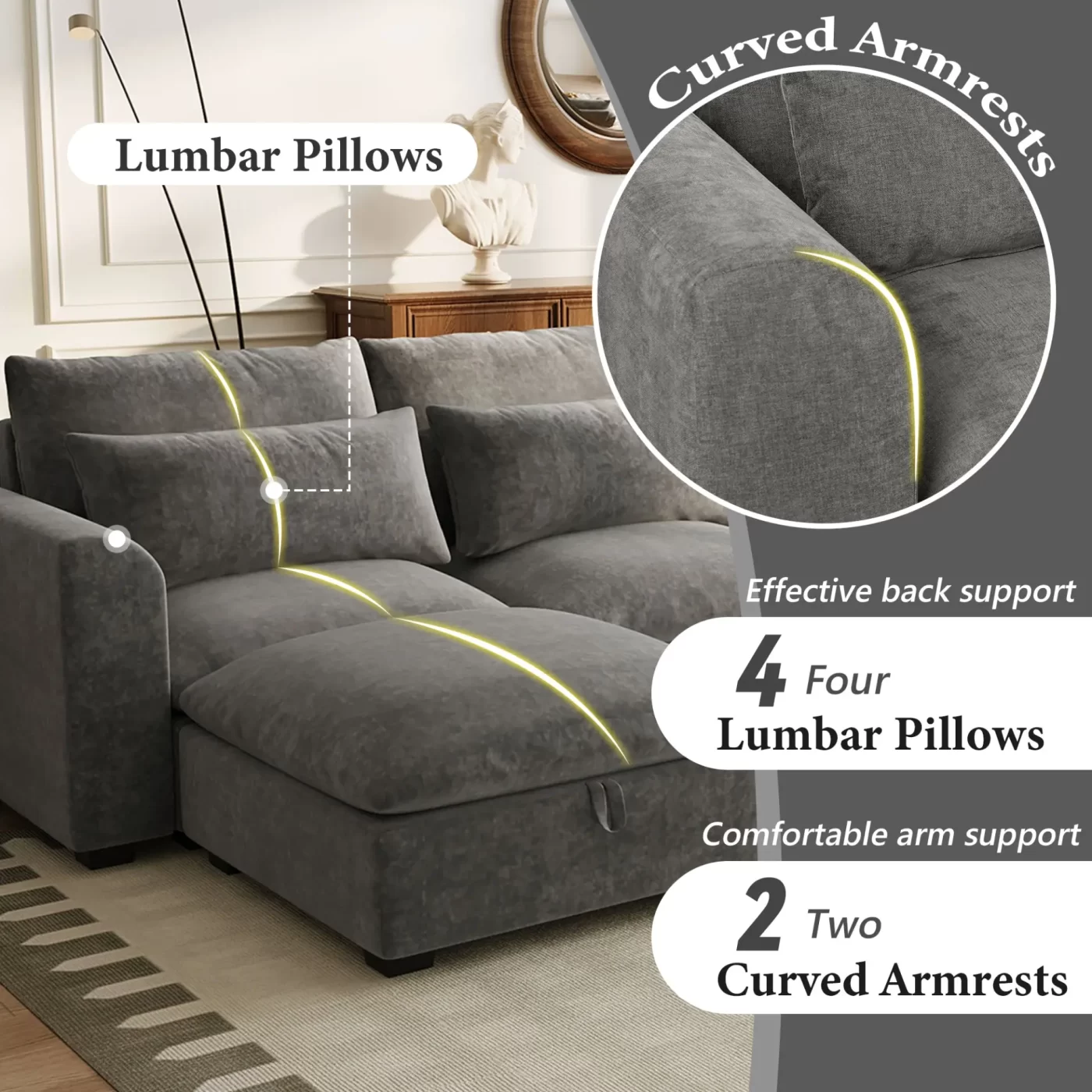 U-shaped Freely Transformable Modular Corner Sofa with Two Ottomans, Suitable for Living Rooms, Studies, Home Theaters, and More.