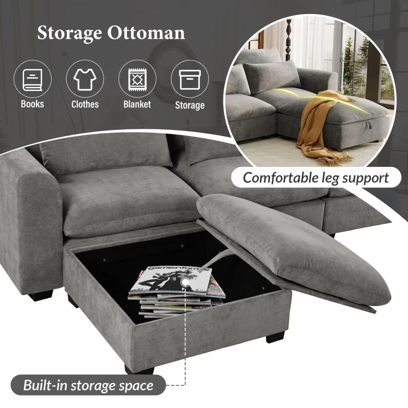 U-shaped Freely Transformable Modular Corner Sofa with Two Ottomans, Suitable for Living Rooms, Studies, Home Theaters, and More.