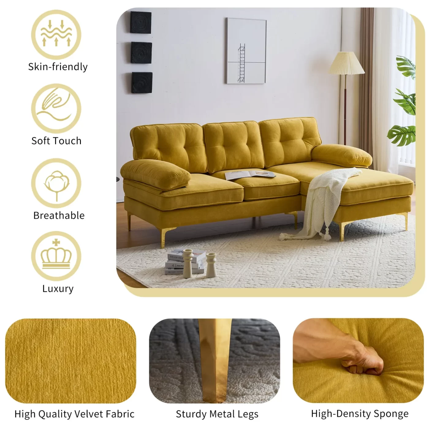 82.6' Modern Sectional Sofas Couches Velvet L-Shaped Couches for Living Room, Bedroom, Yellow