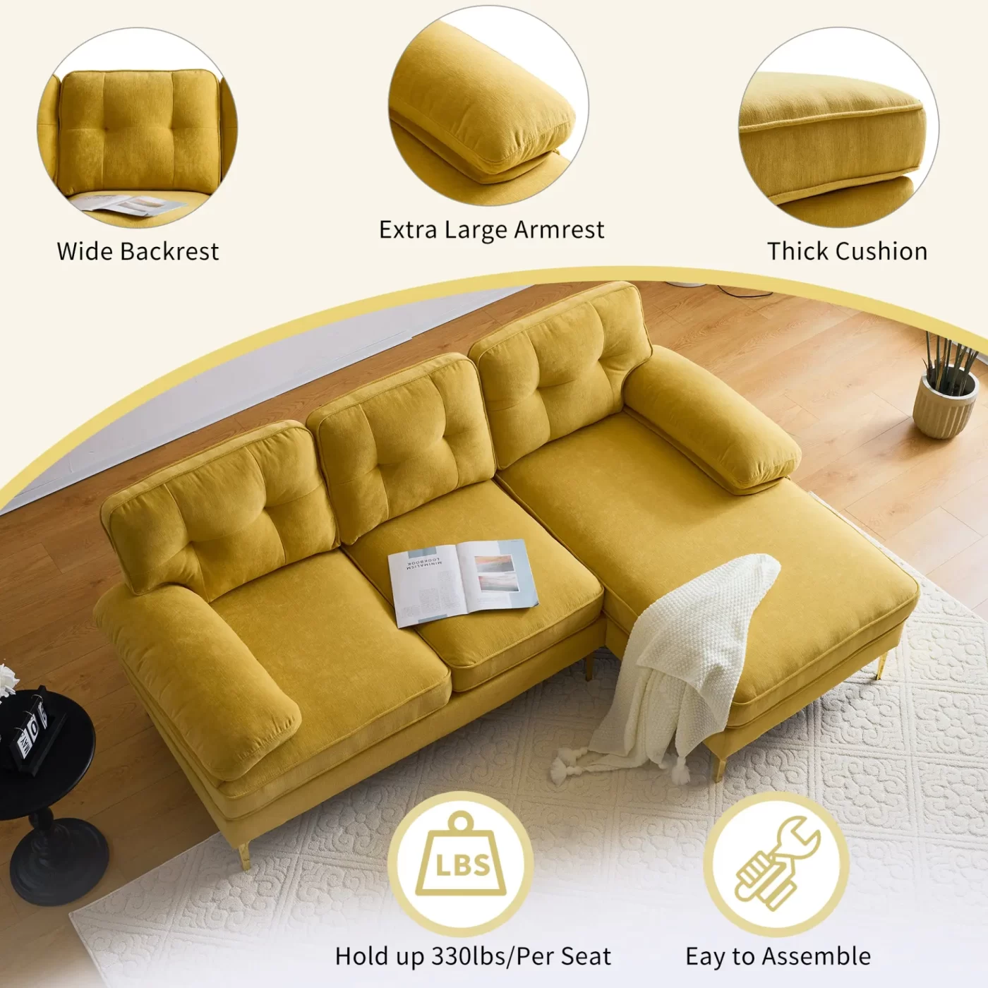82.6' Modern Sectional Sofas Couches Velvet L-Shaped Couches for Living Room, Bedroom, Yellow