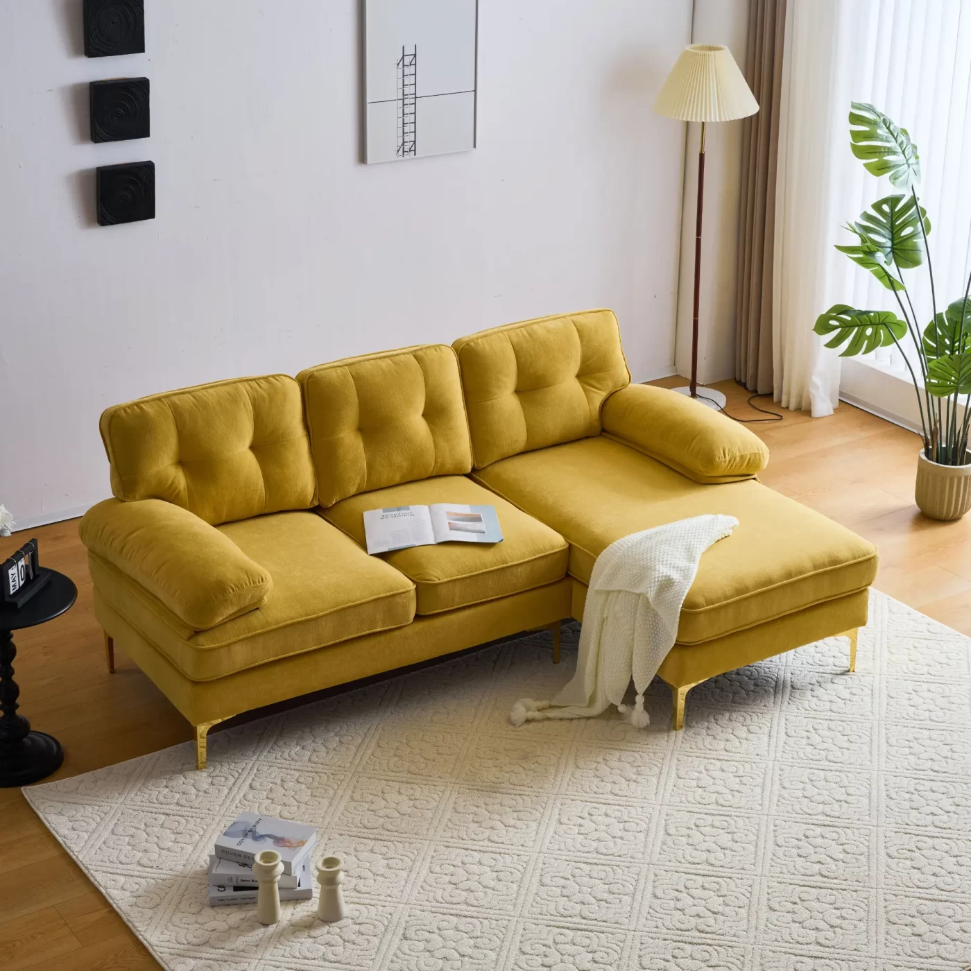 82.6' Modern Sectional Sofas Couches Velvet L-Shaped Couches for Living Room, Bedroom, Yellow