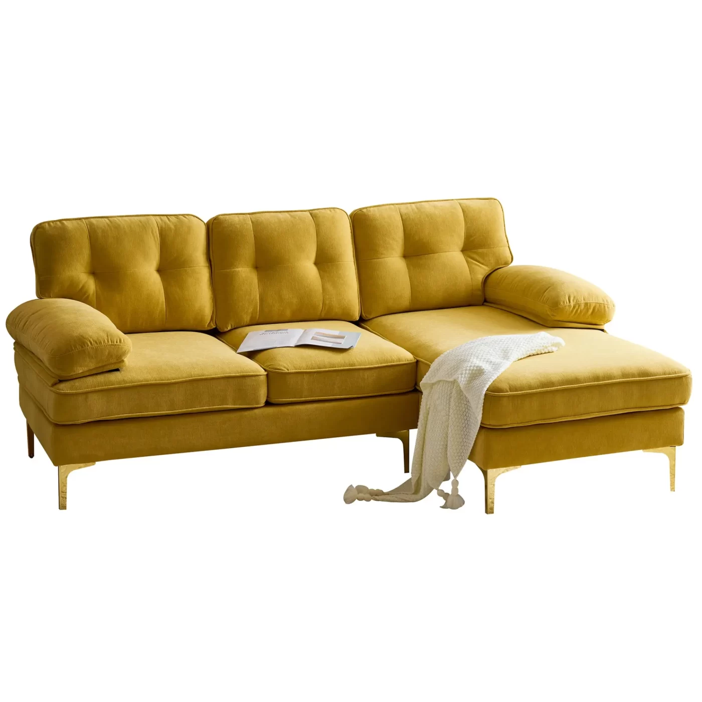 82.6' Modern Sectional Sofas Couches Velvet L-Shaped Couches for Living Room, Bedroom, Yellow