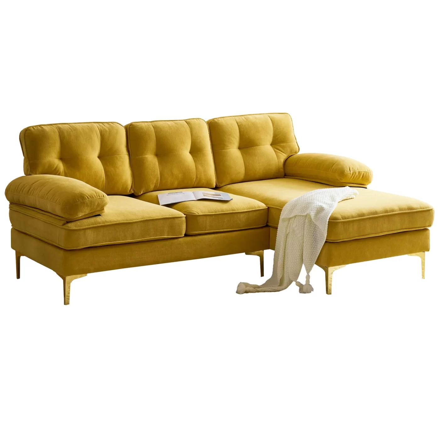 82.6' Modern Sectional Sofas Couches Velvet L-Shaped Couches for Living Room, Bedroom, Yellow