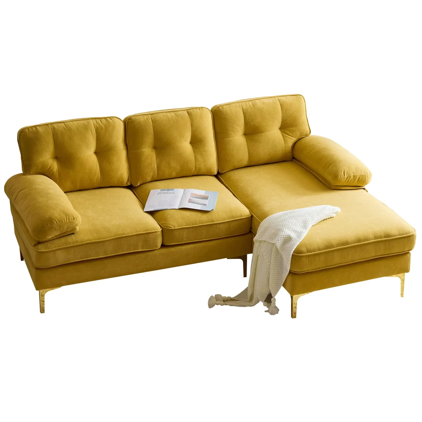 82.6' Modern Sectional Sofas Couches Velvet L-Shaped Couches for Living Room, Bedroom, Yellow