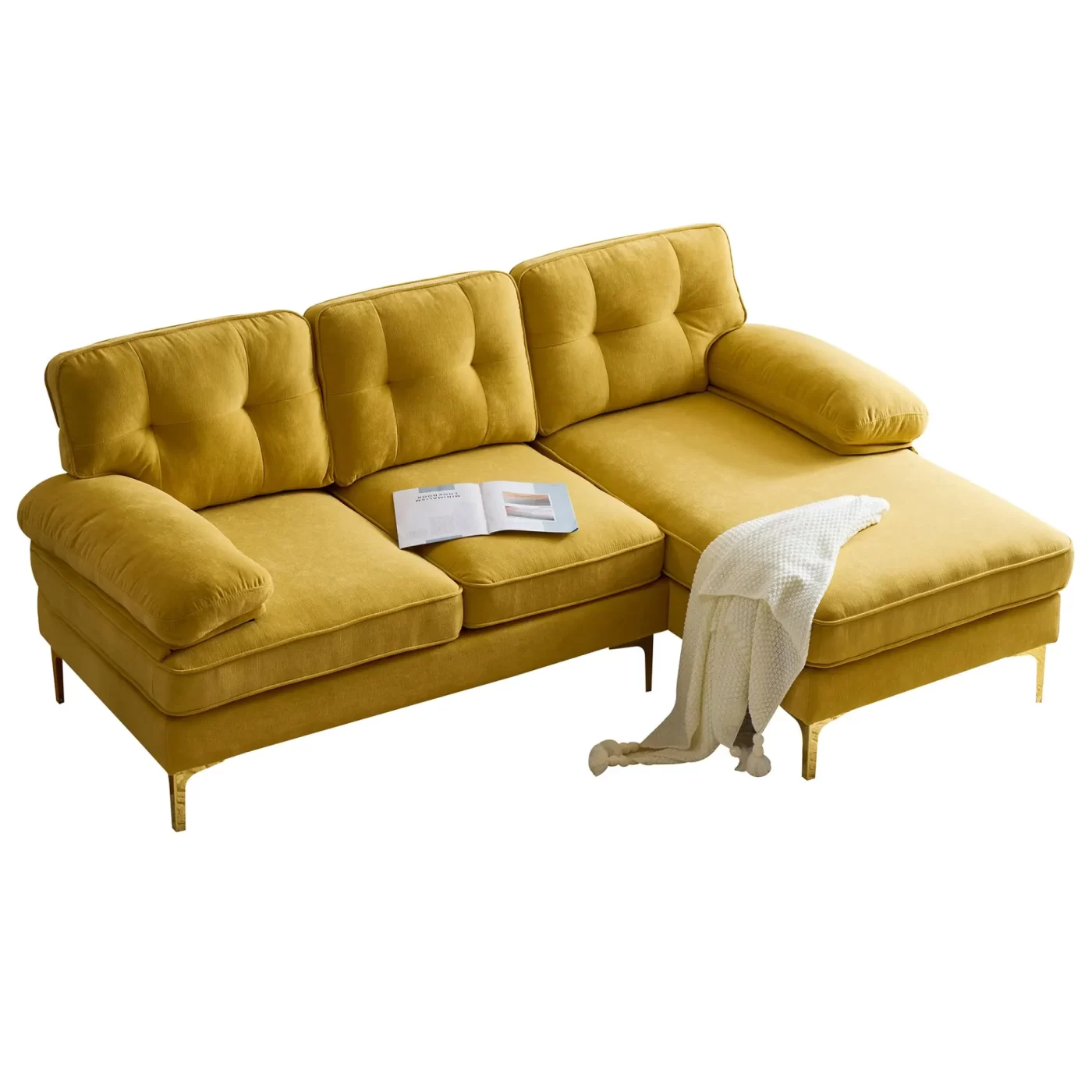 82.6' Modern Sectional Sofas Couches Velvet L-Shaped Couches for Living Room, Bedroom, Yellow